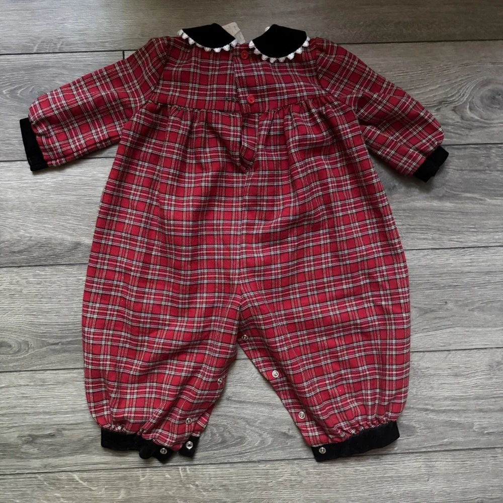 Vintage  y2k Bonnie Baby Red Plaid Velvet Trim Romper Holiday 18 Months